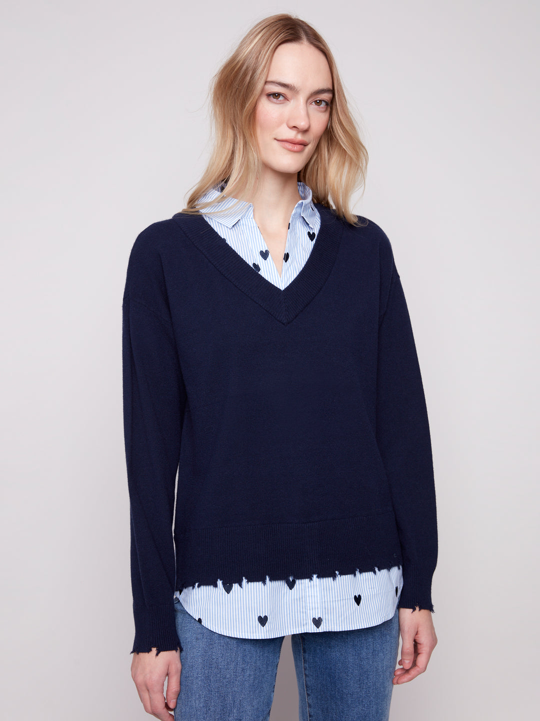 Navy Fooler Sweater With Shirt Collar