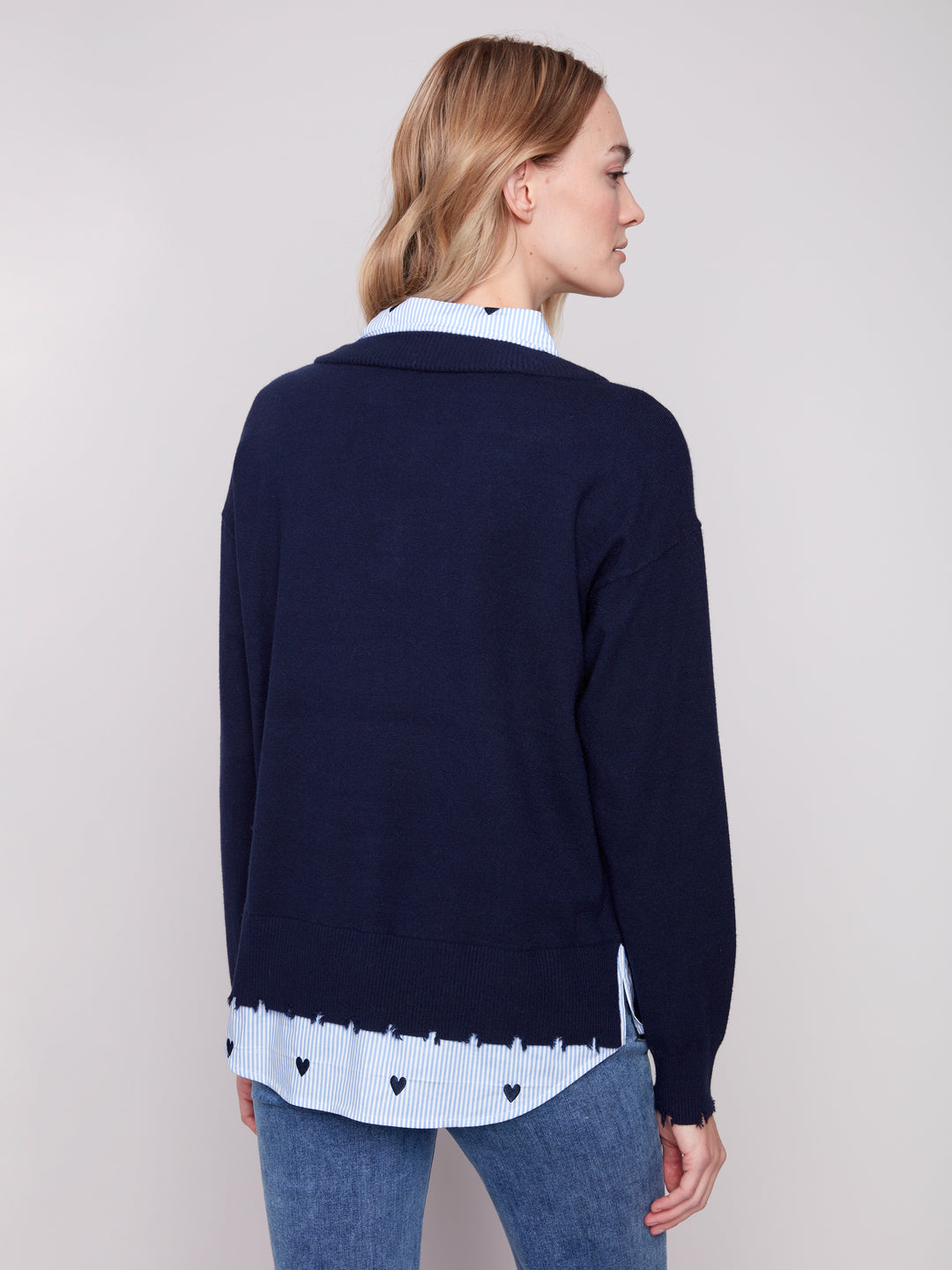 Navy Fooler Sweater With Shirt Collar