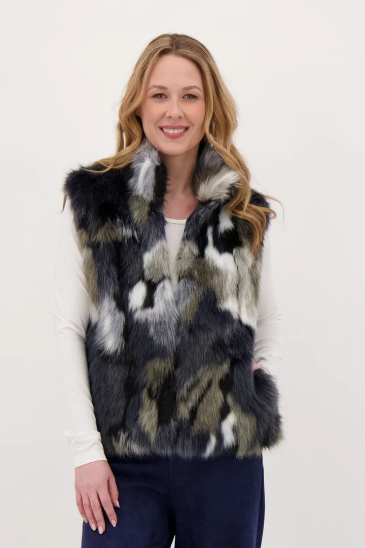 Navy Multi Print Faux Fur Vest