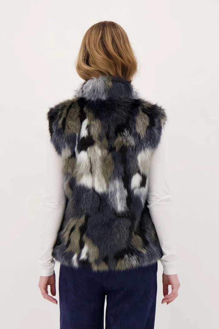 Navy Multi Print Faux Fur Vest