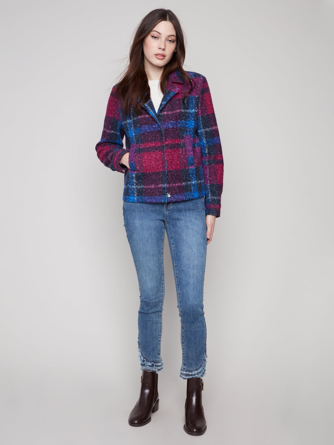 Navy Plaid Boucle Knit Short Jacket
