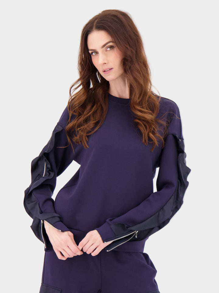 Navy Satin Ruffle Zip Sleeve Top