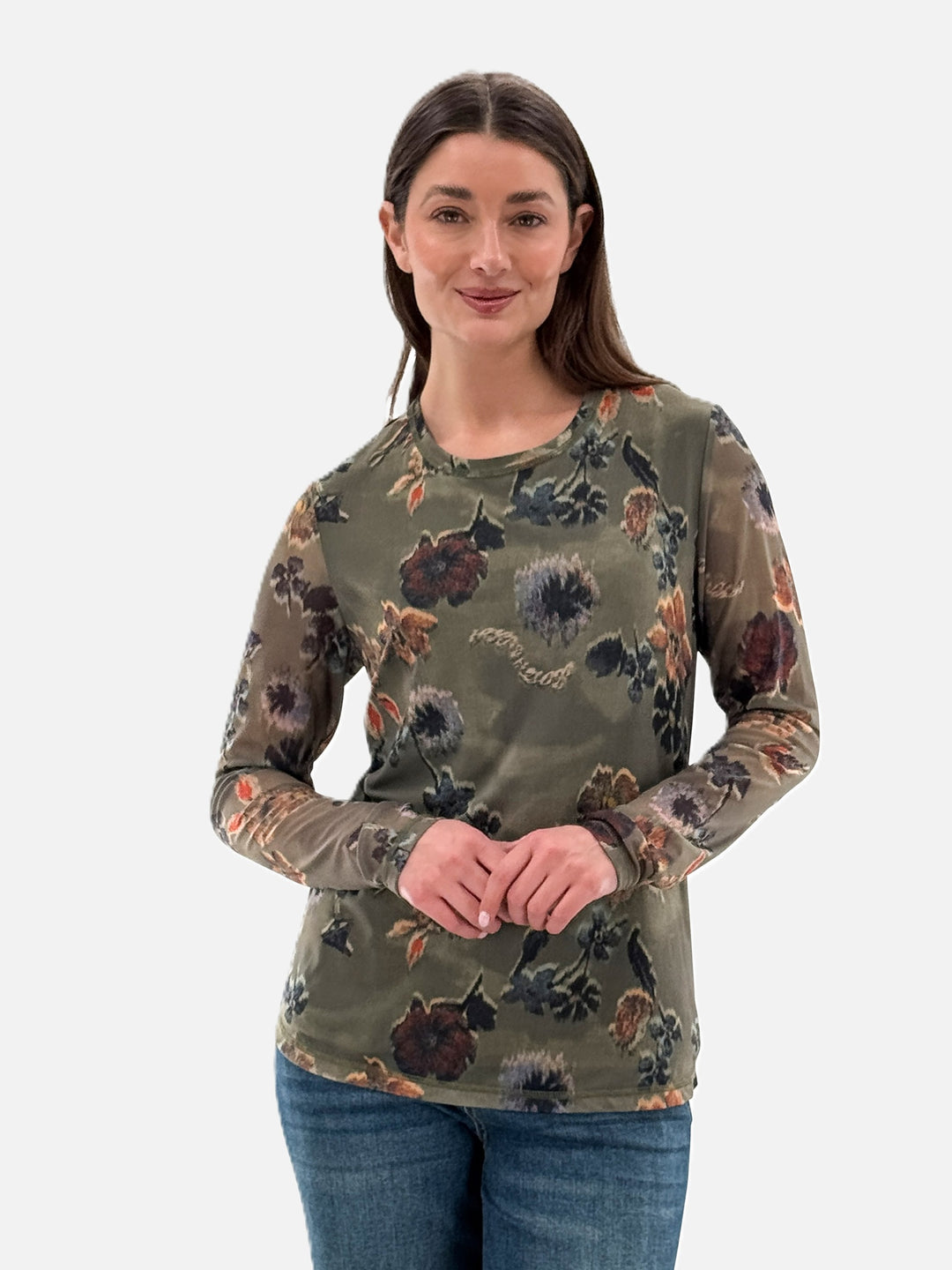 Olive Floral Print Mesh Top