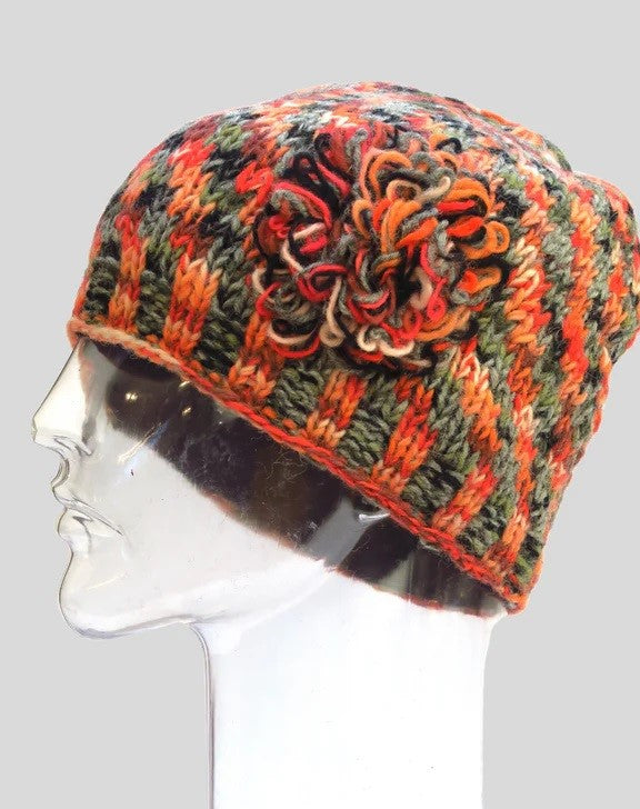 Orange Sari Wool Flower Hat