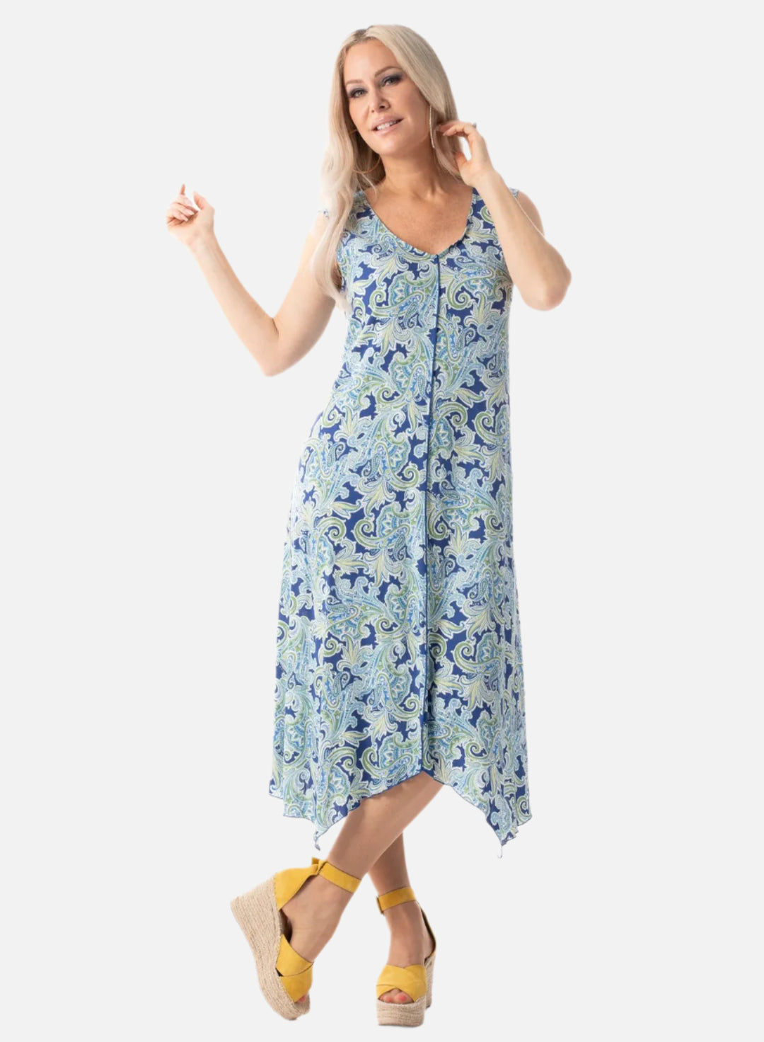 Paisley Print V-Neck Dress with Handkerchief Hem