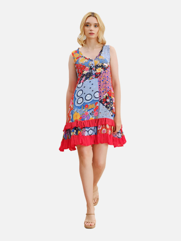 Patchwork Print Ruffle Dress