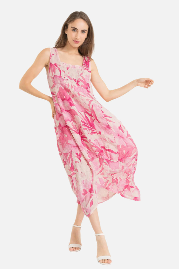 Pink Floral Print Linen Bubble Dress