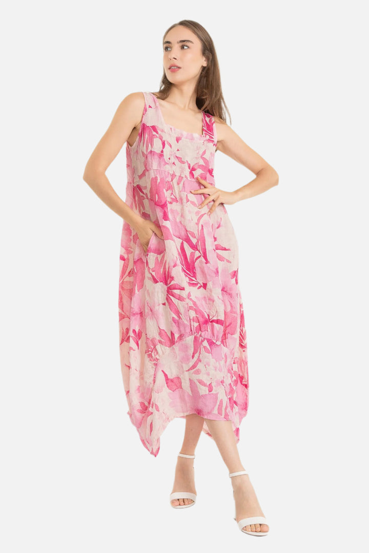 Pink Floral Print Linen Bubble Dress