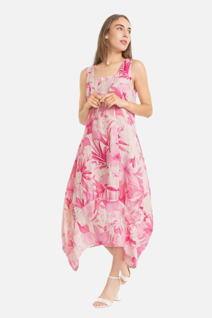 Pink Floral Print Linen Bubble Dress