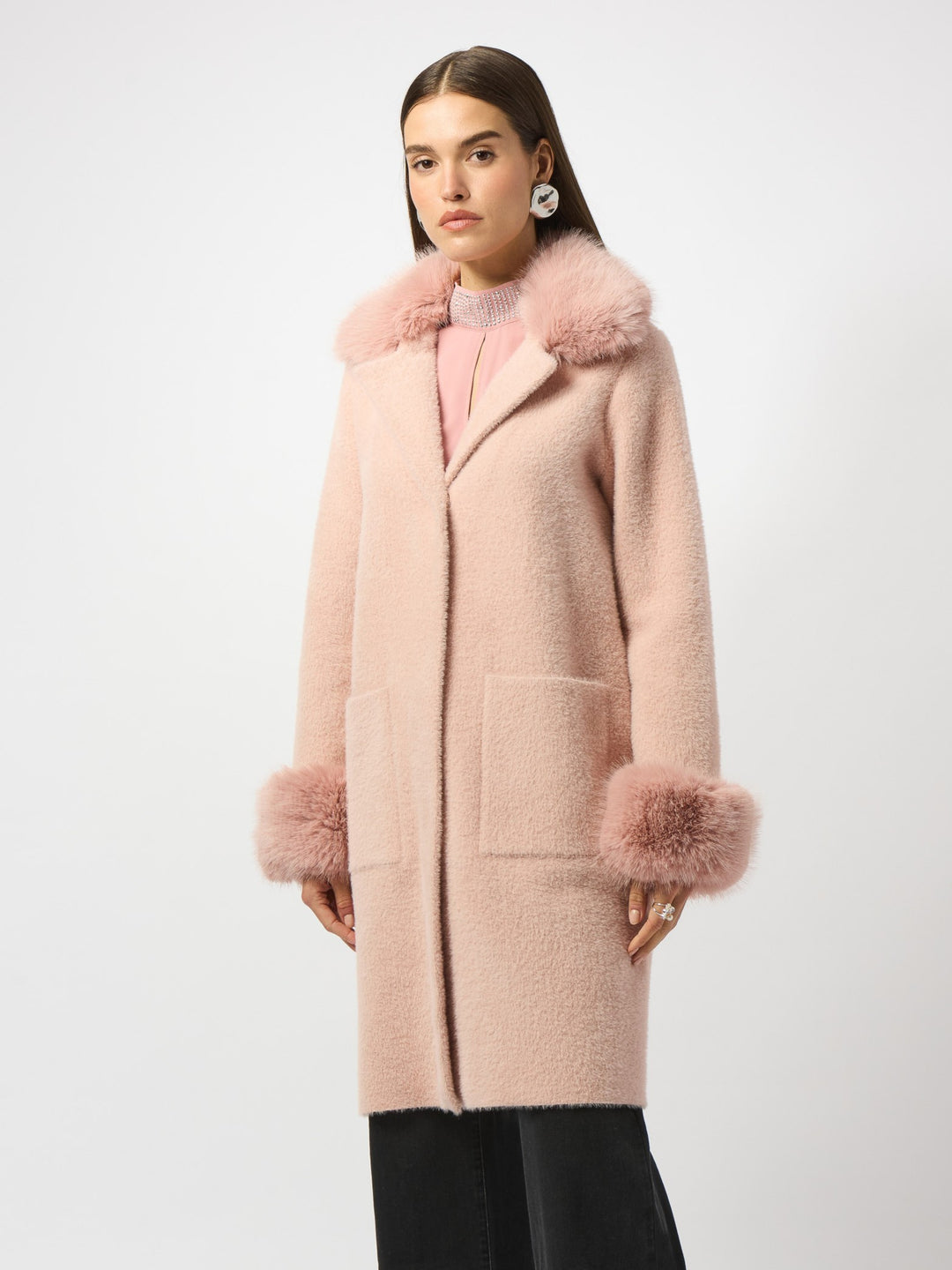 Rose Feather Yarn Faux Fur Trim Sweater Coat