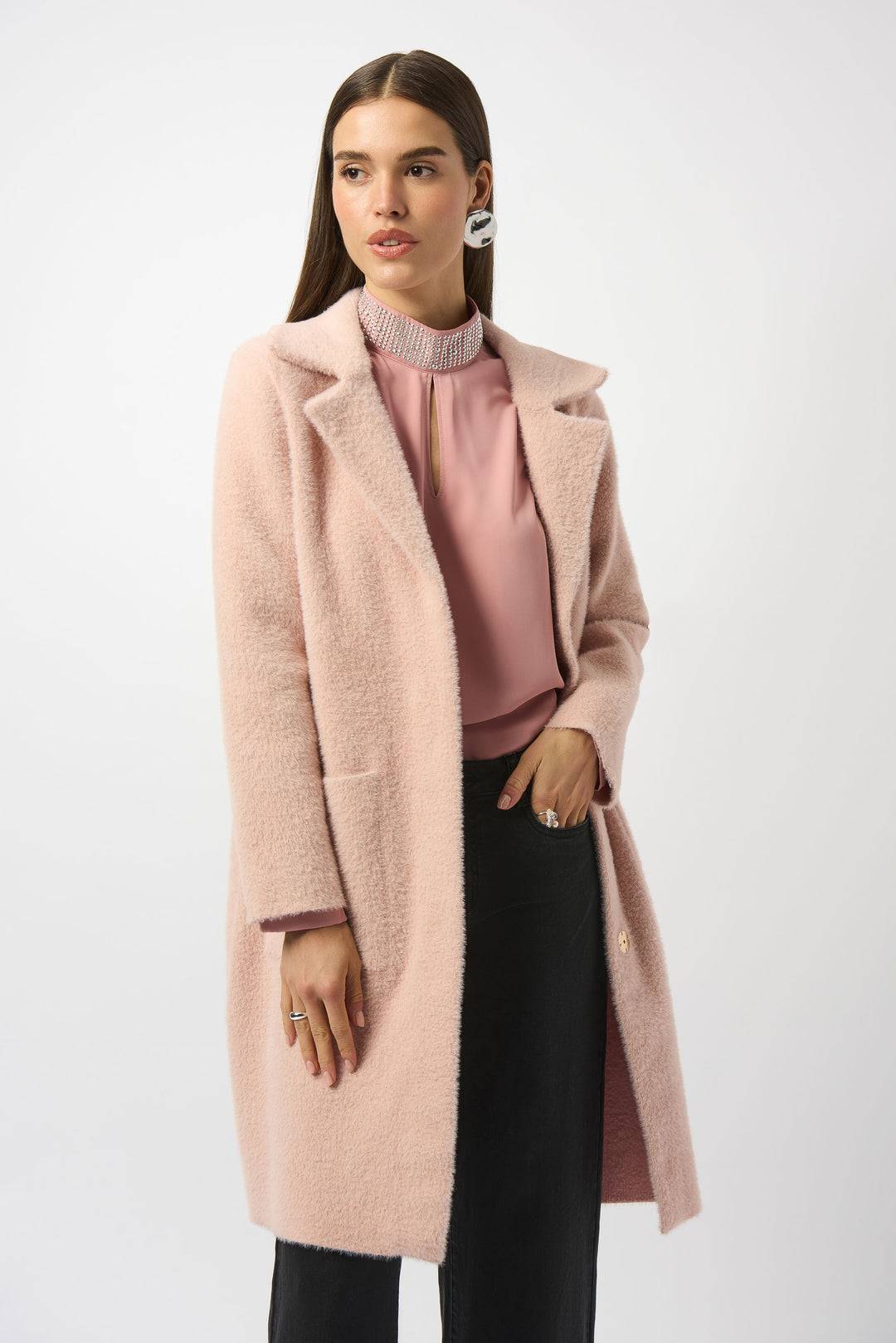 Rose Feather Yarn Faux Fur Trim Sweater Coat