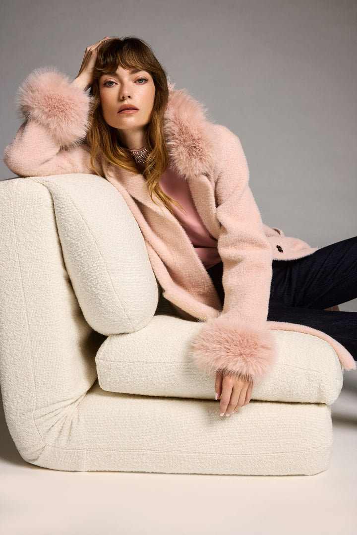Rose Feather Yarn Faux Fur Trim Sweater Coat
