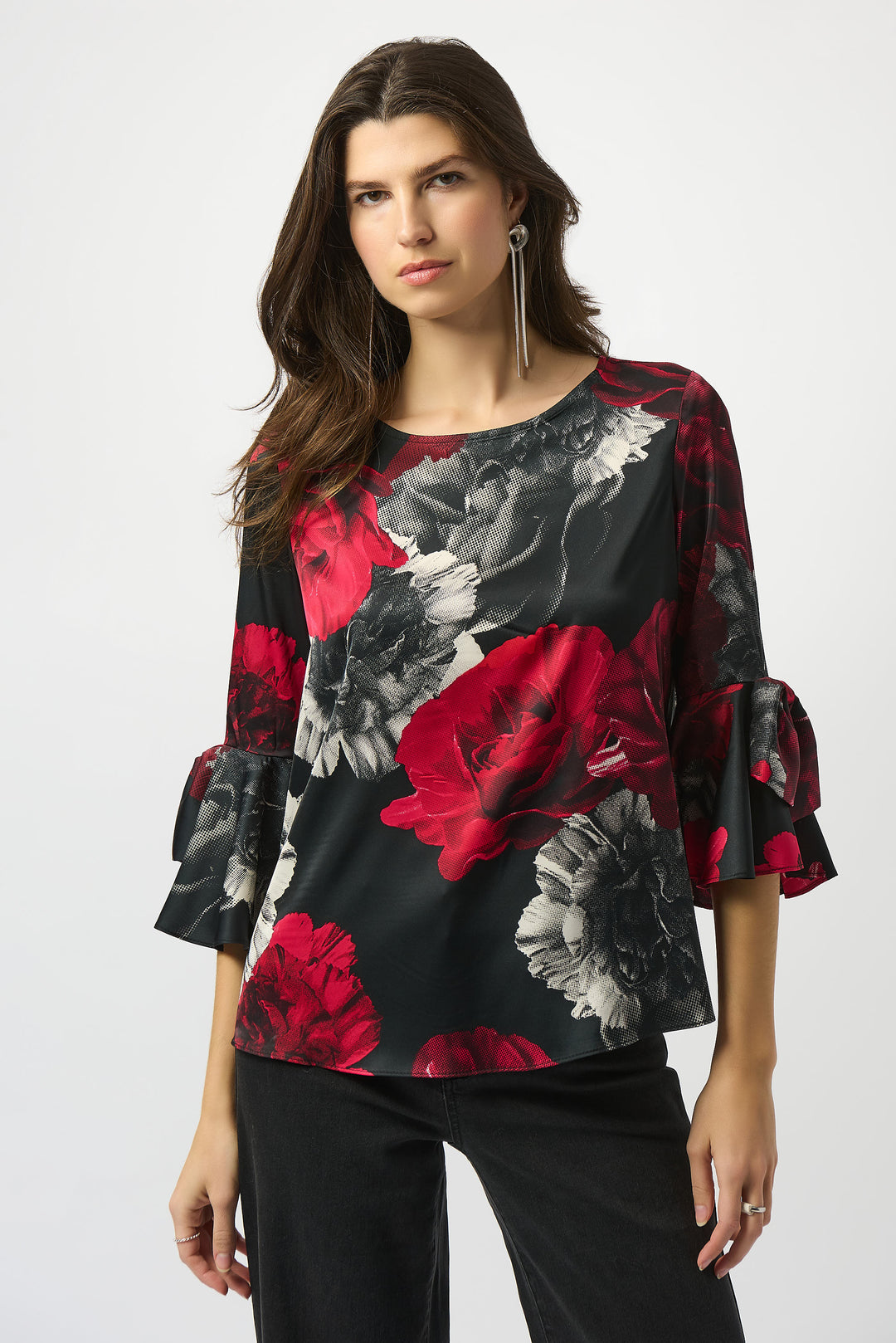 Satin Rose Print Top With Bow Sleeve Accents