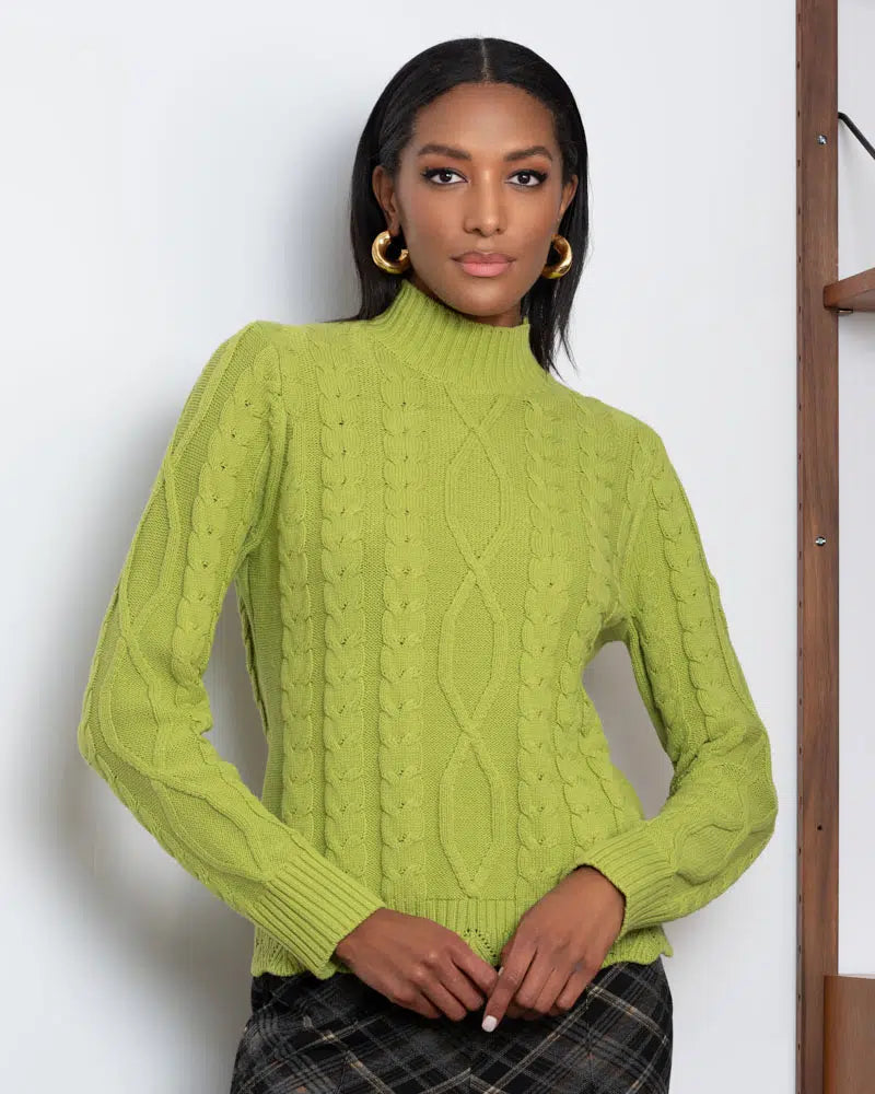 Scalloped Hem Cable Knit Green Sweater