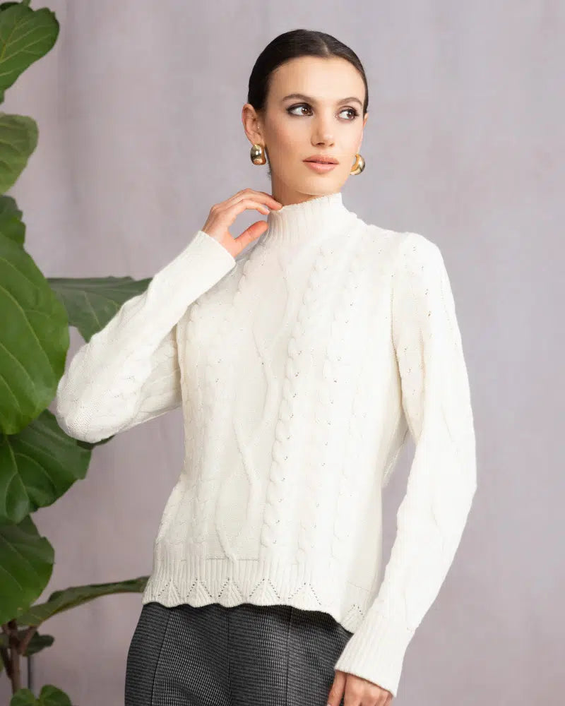 Scalloped Hem Cable Knit Off White Sweater