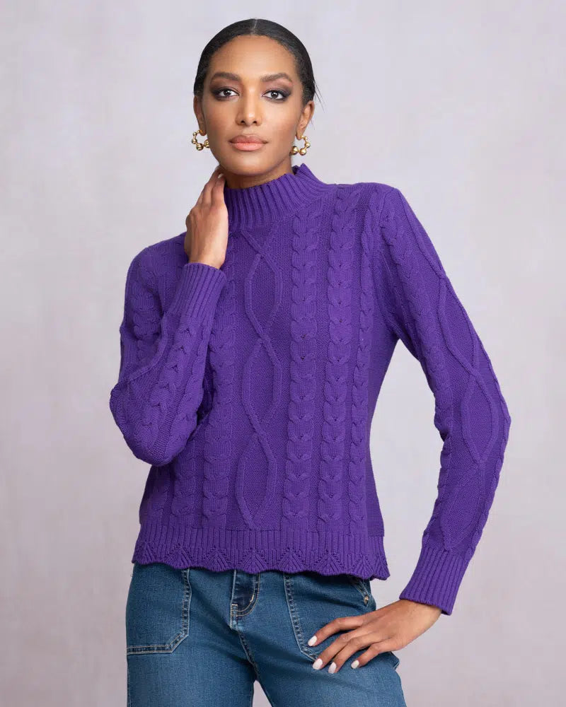 Scalloped Hem Cable Knit Purple Sweater