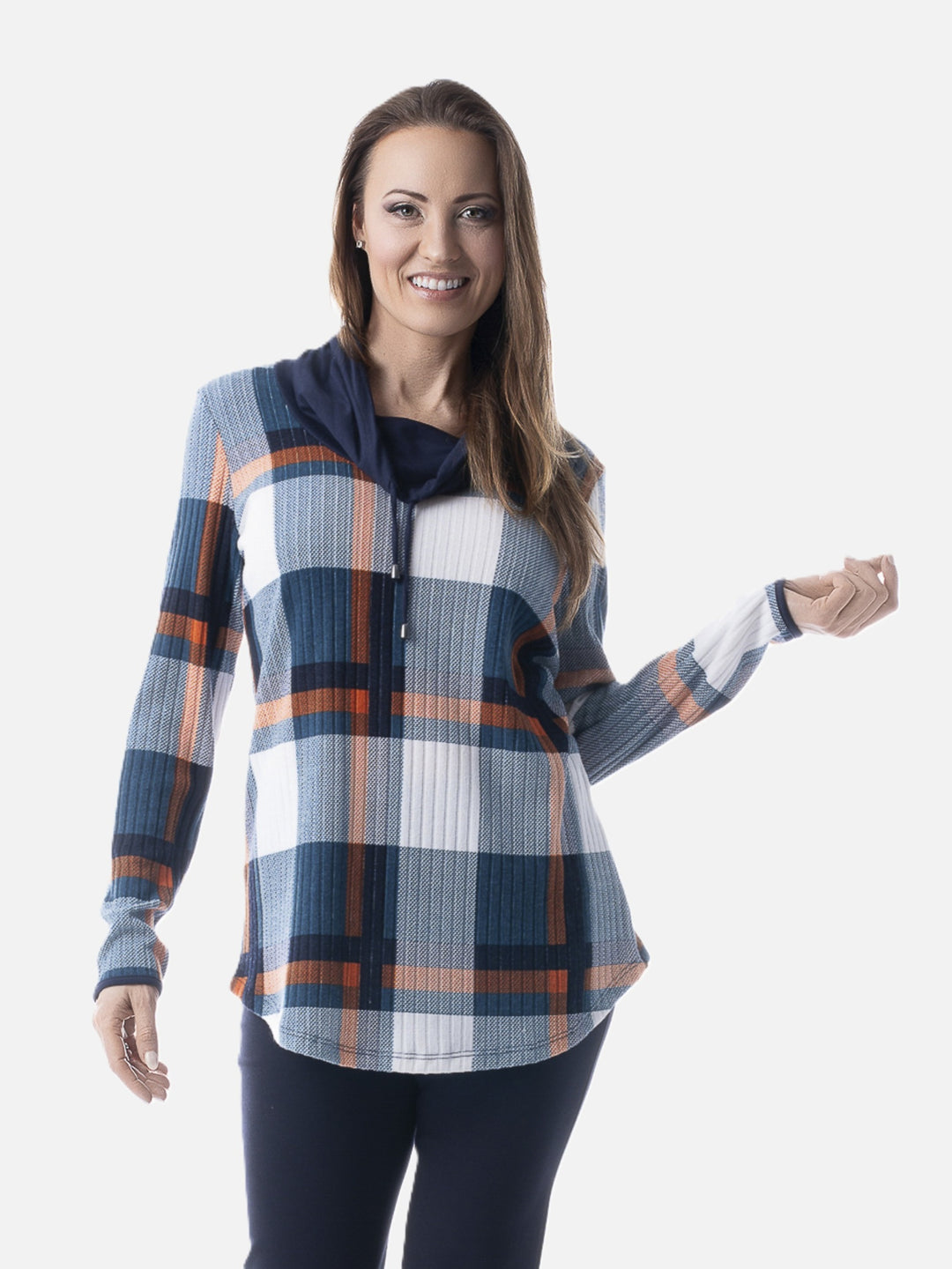 Teal and Navy Plaid Cowl Neck Top
