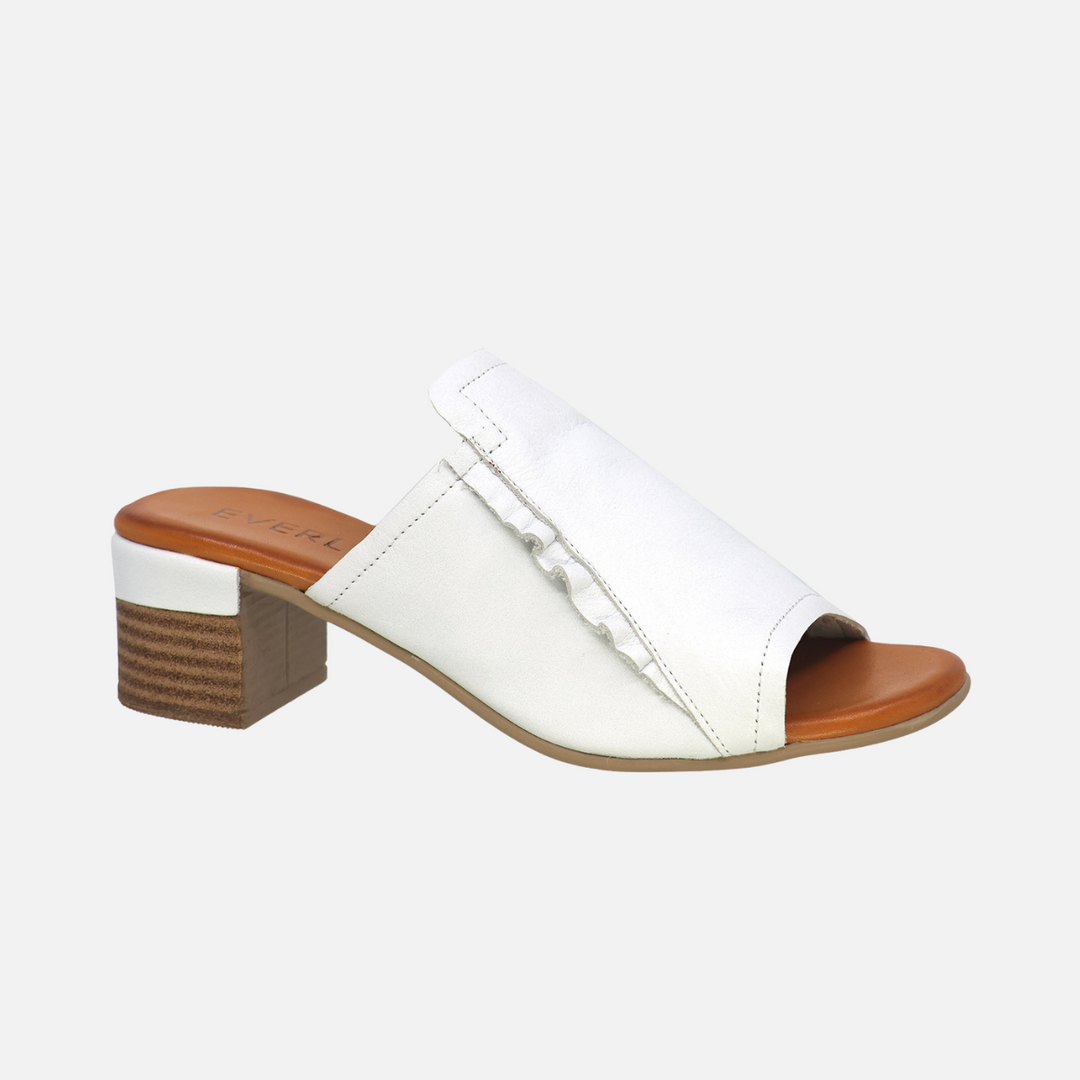 White Gia Ruffle Detail Leather Sandal