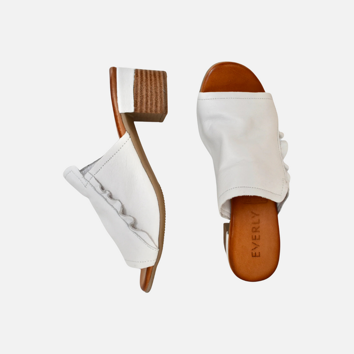 White Gia Ruffle Detail Leather Sandal