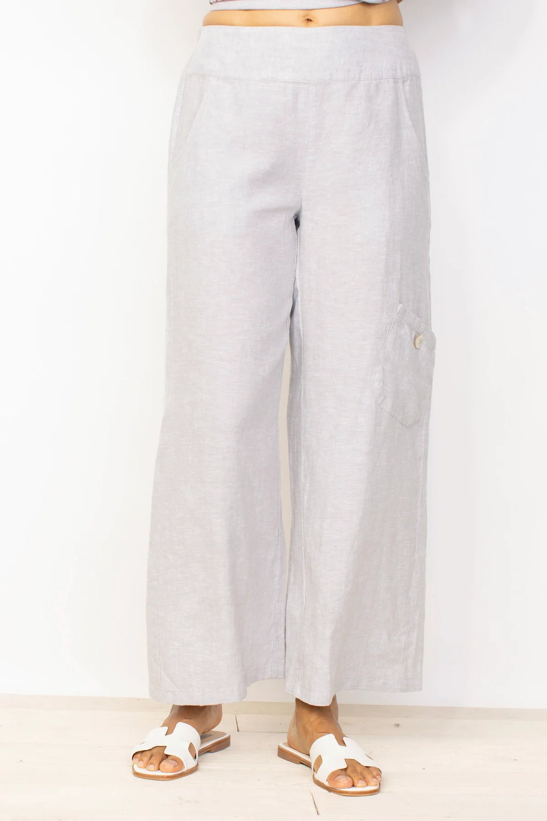 White Pocket Detail Linen Flood Pant