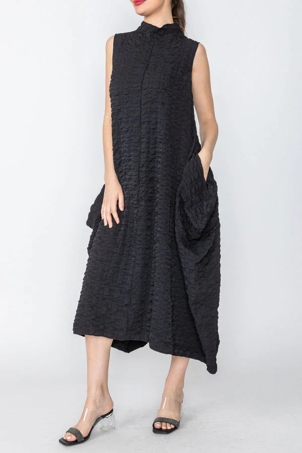 Black Sleeveless Bubble Textured High Neck Dress