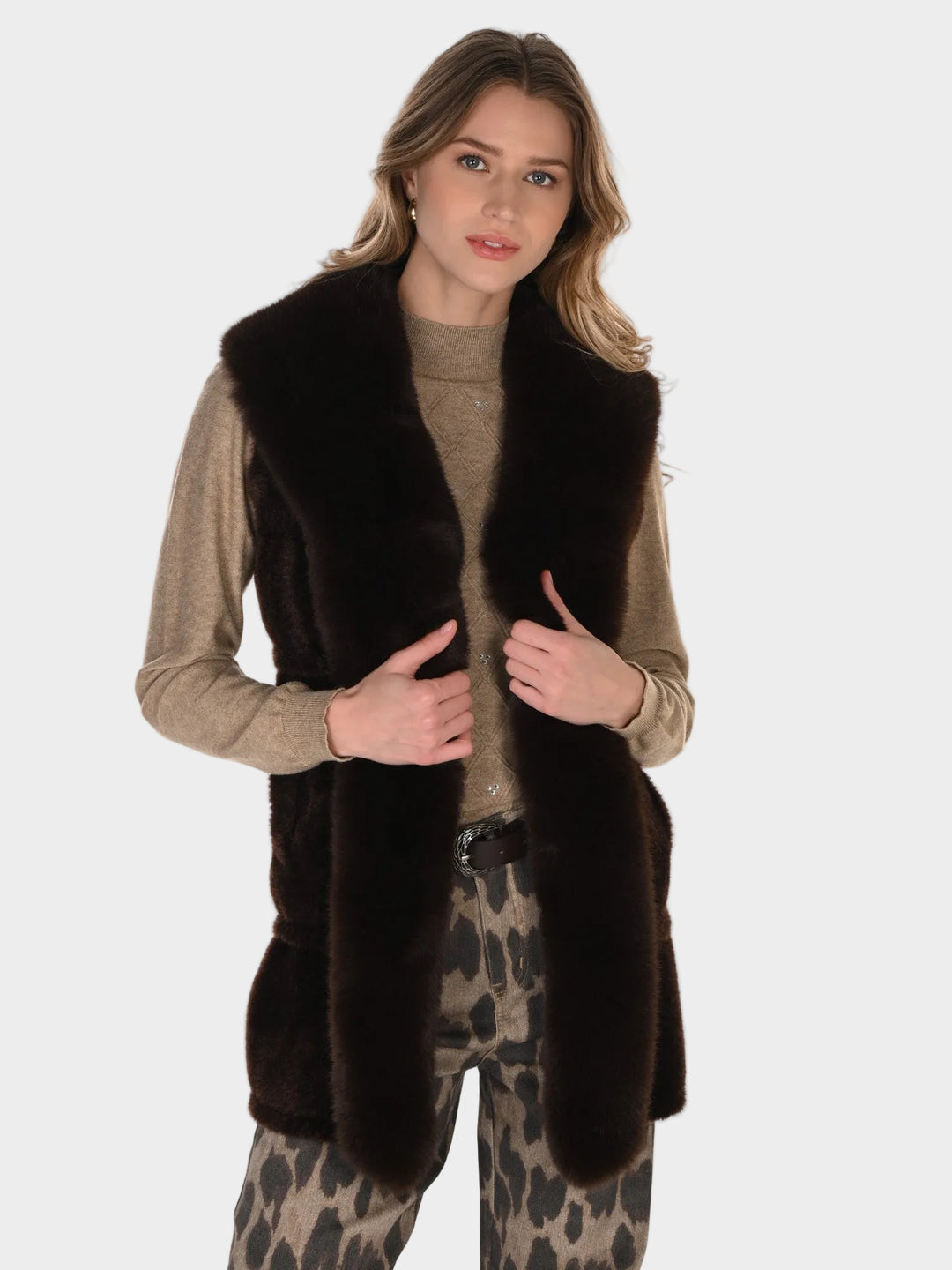 Brown Chevron Faux Fur Vest