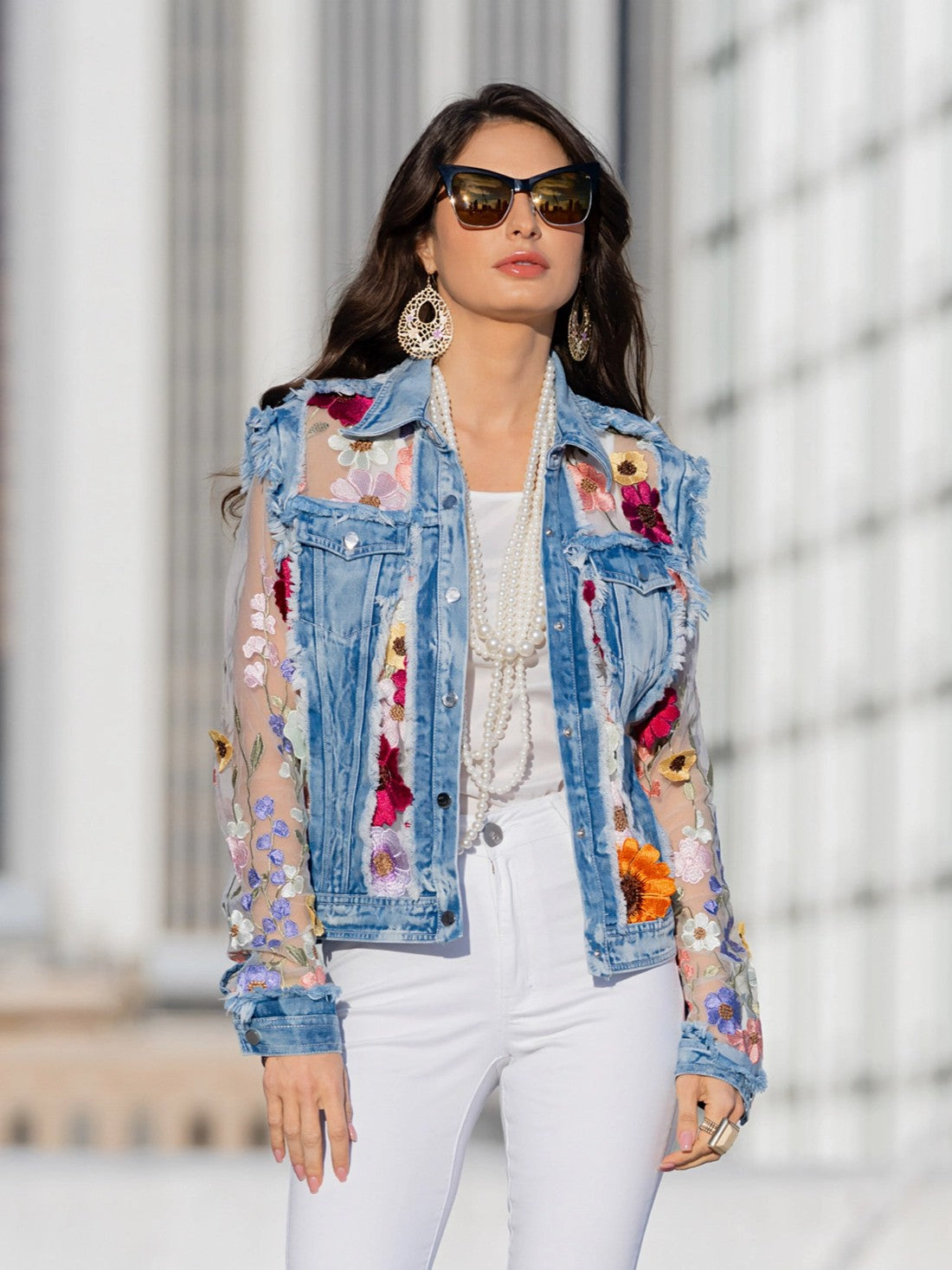3D Spring Flower Embroidered Sheer Denim Jacket | Cathy Allan