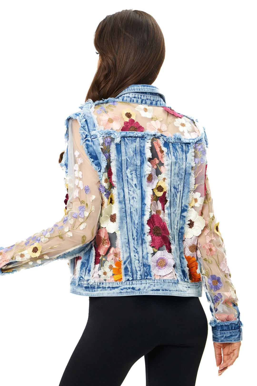 3D Spring Flower Embroidered Sheer Denim Jacket