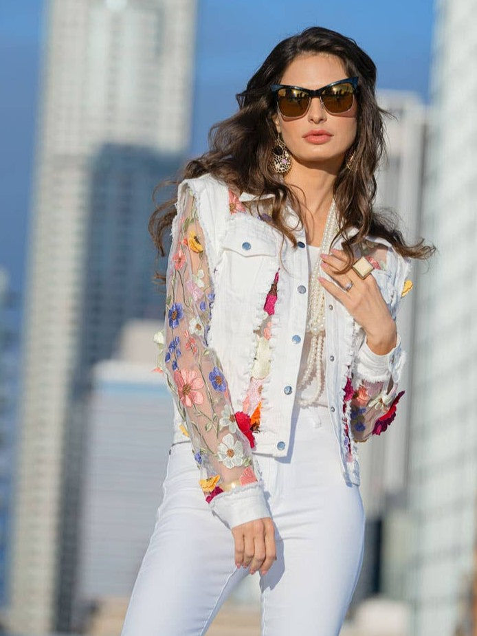 3D Spring Flower Embroidered Sheer White Denim Jacket