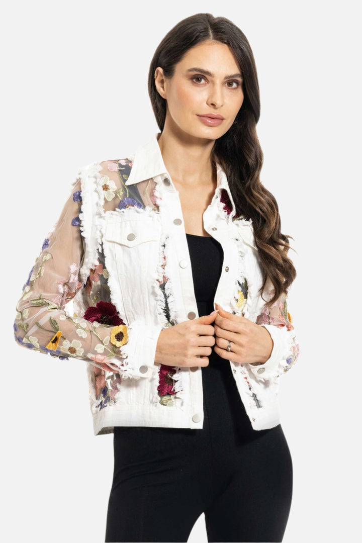 3D Spring Flower Embroidered Sheer White Denim Jacket