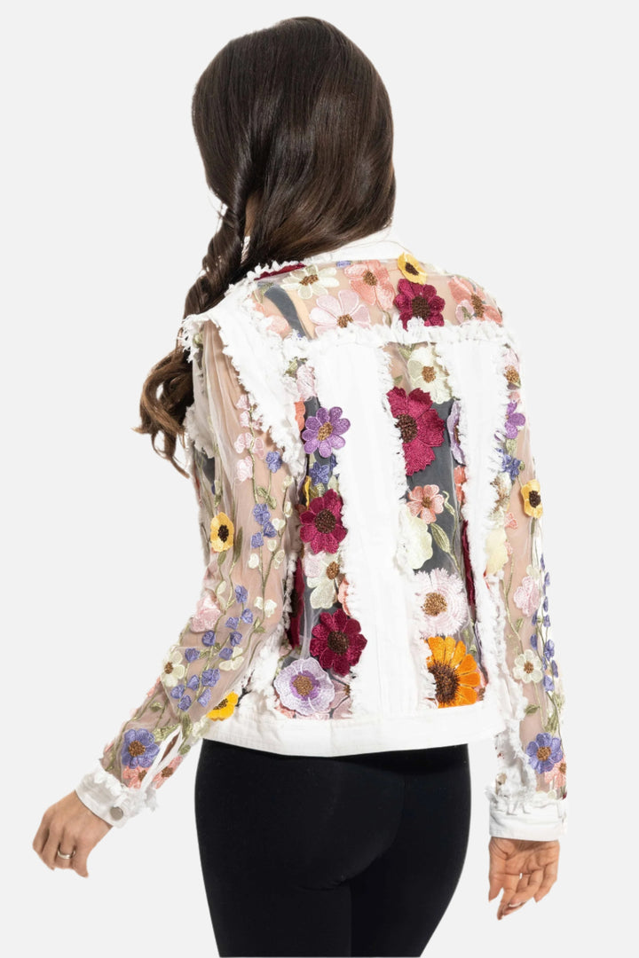 3D Spring Flower Embroidered Sheer White Denim Jacket