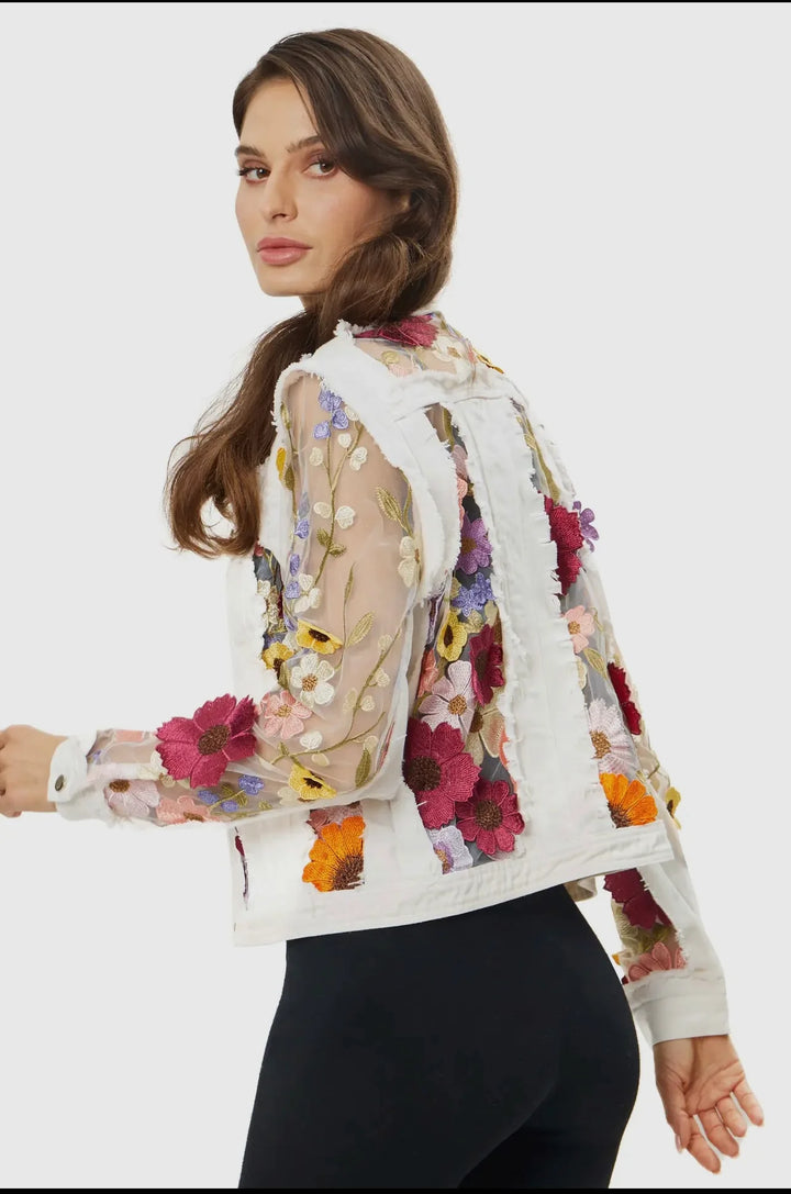 3D Spring Flower Embroidered Sheer White Denim Jacket
