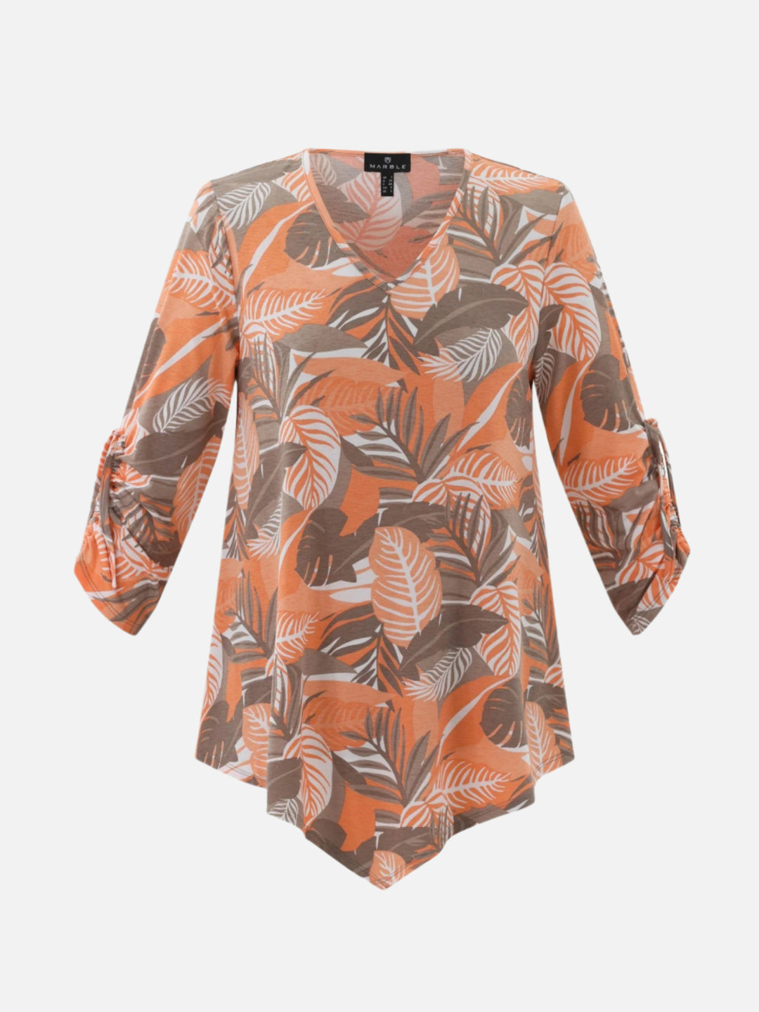 Taupe and Orange Leaf Print Asymmetrical Top