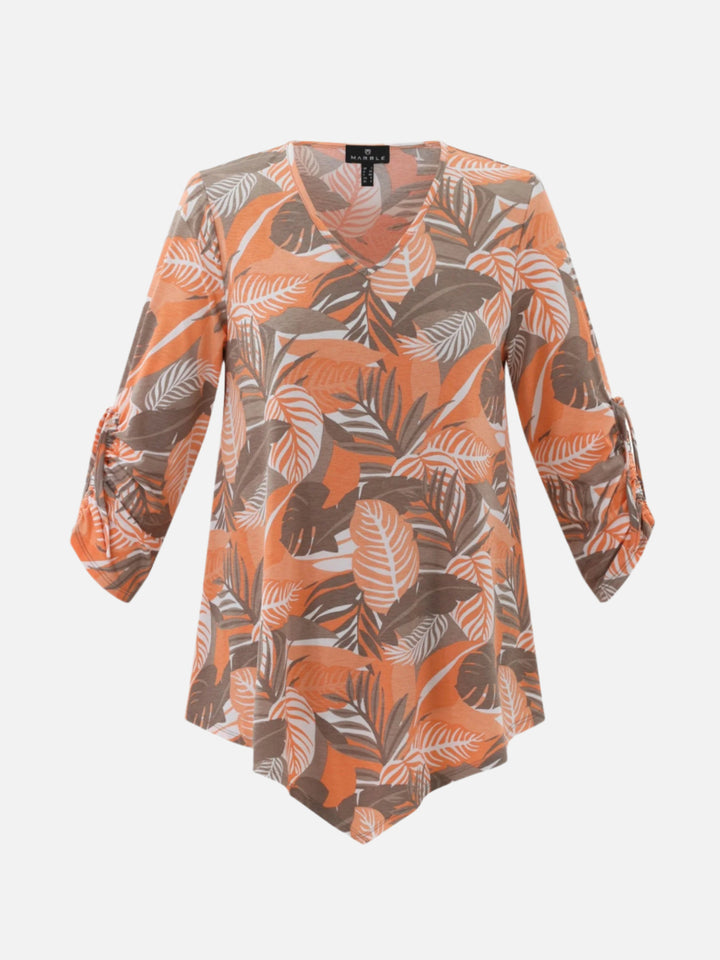 Taupe and Orange Leaf Print Asymmetrical Top