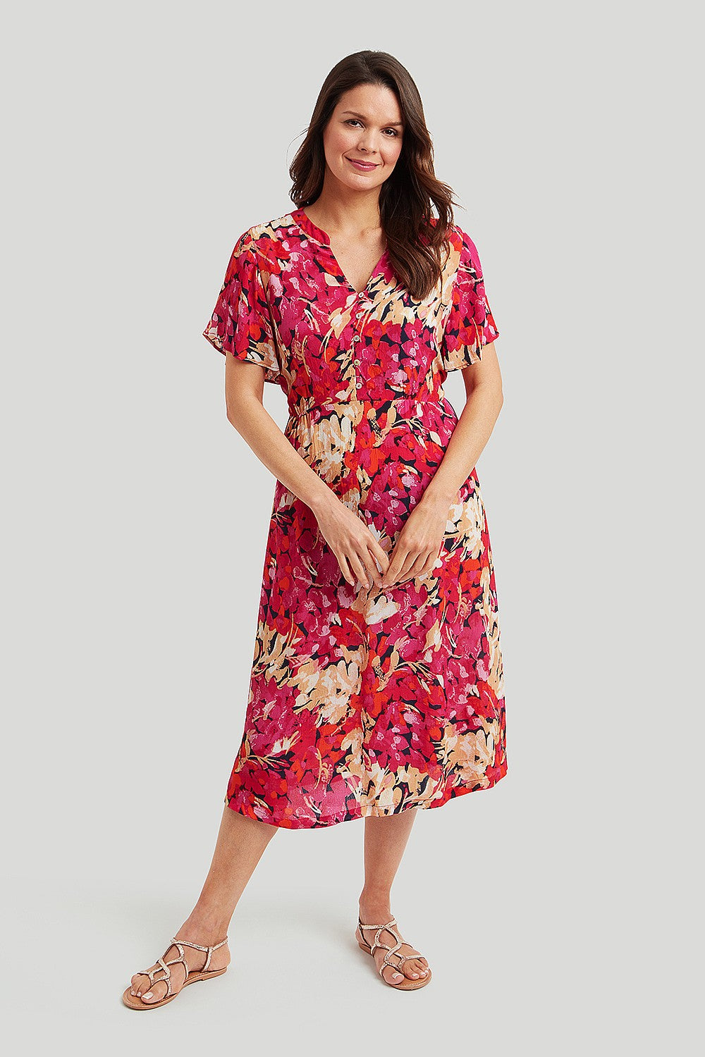 Abstract Floral Flutter Sleeve Dress