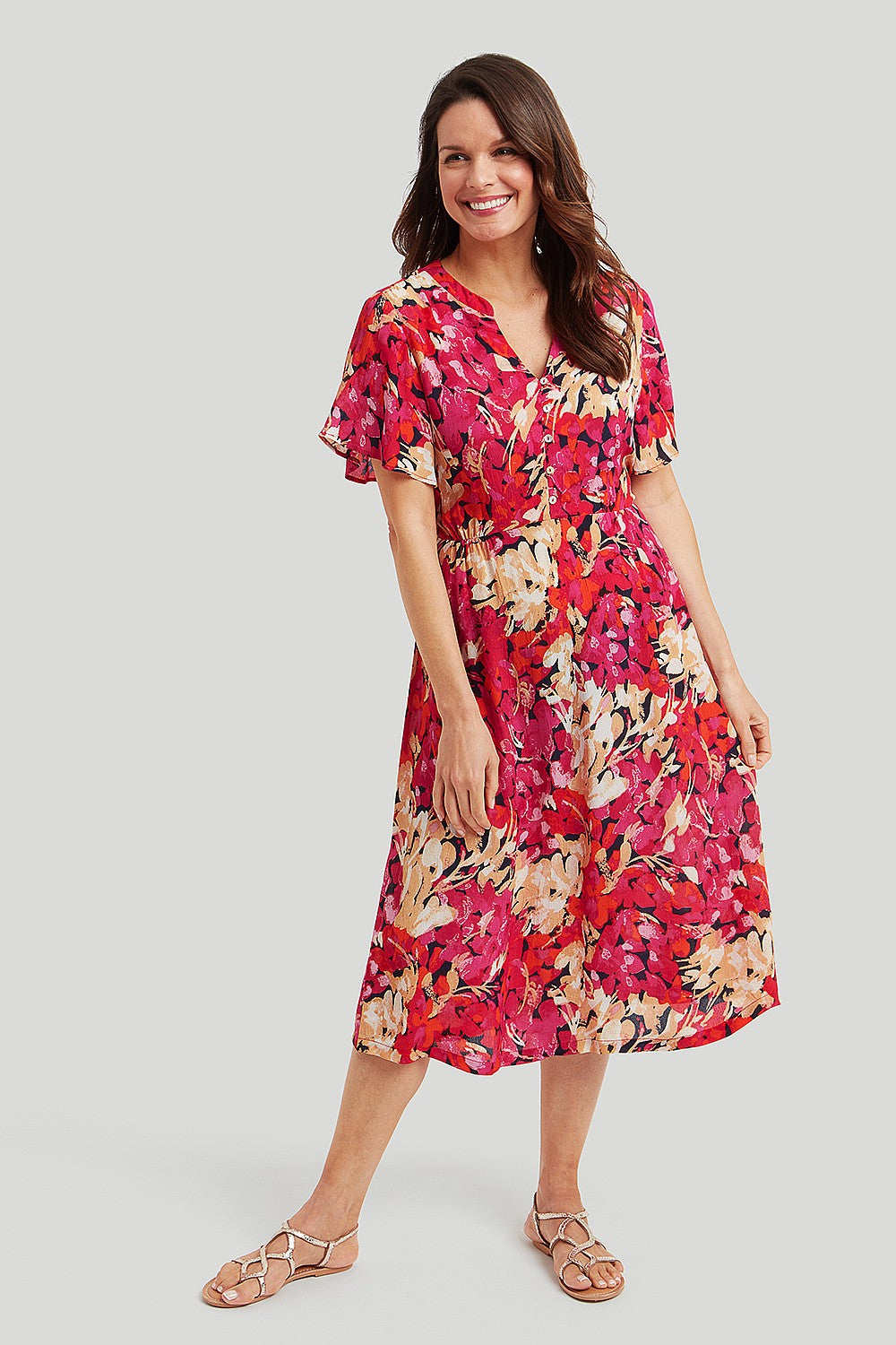 Abstract Floral Flutter Sleeve Dress