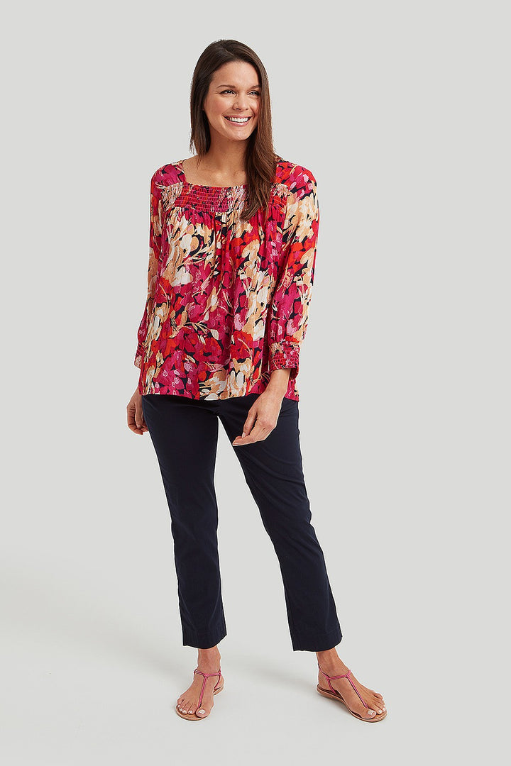 Abstract Floral Shirred Neck Blouse