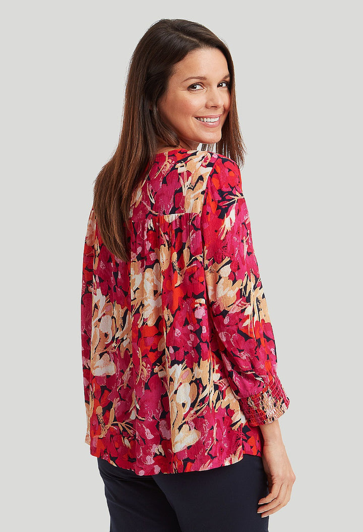 Abstract Floral Shirred Neck Blouse