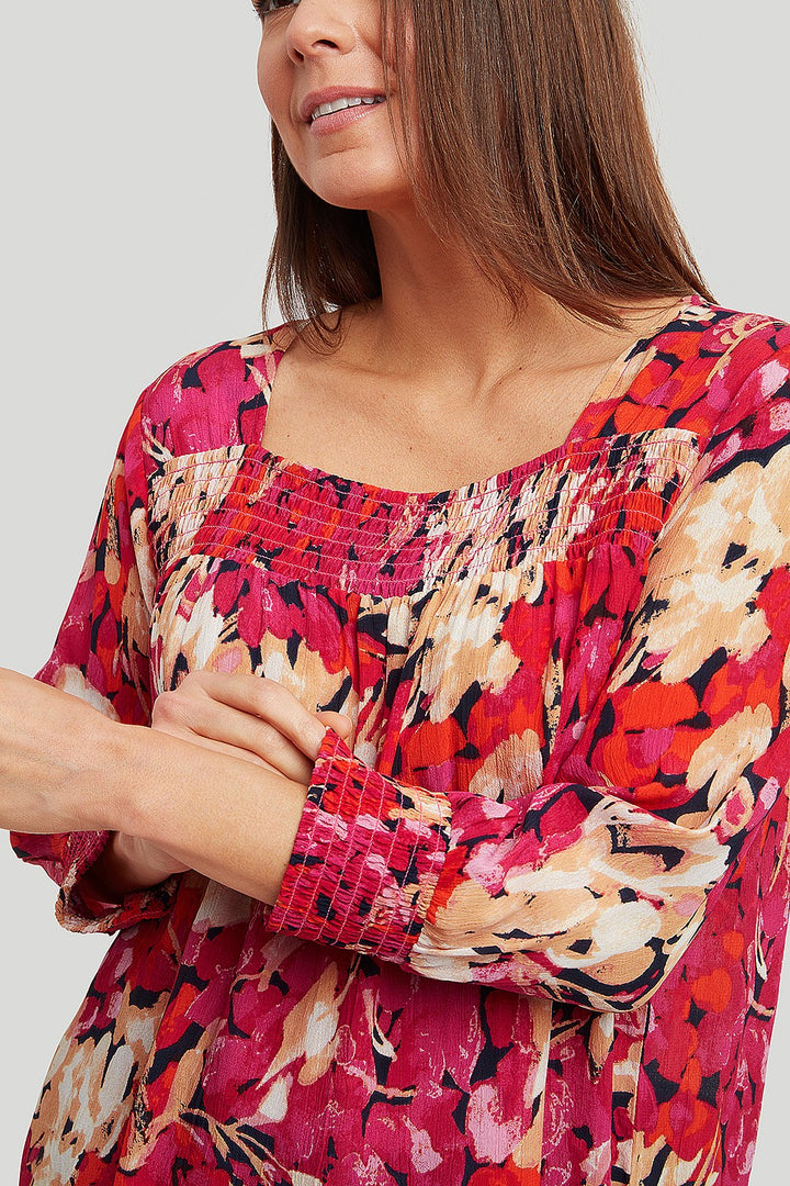 Abstract Floral Shirred Neck Blouse