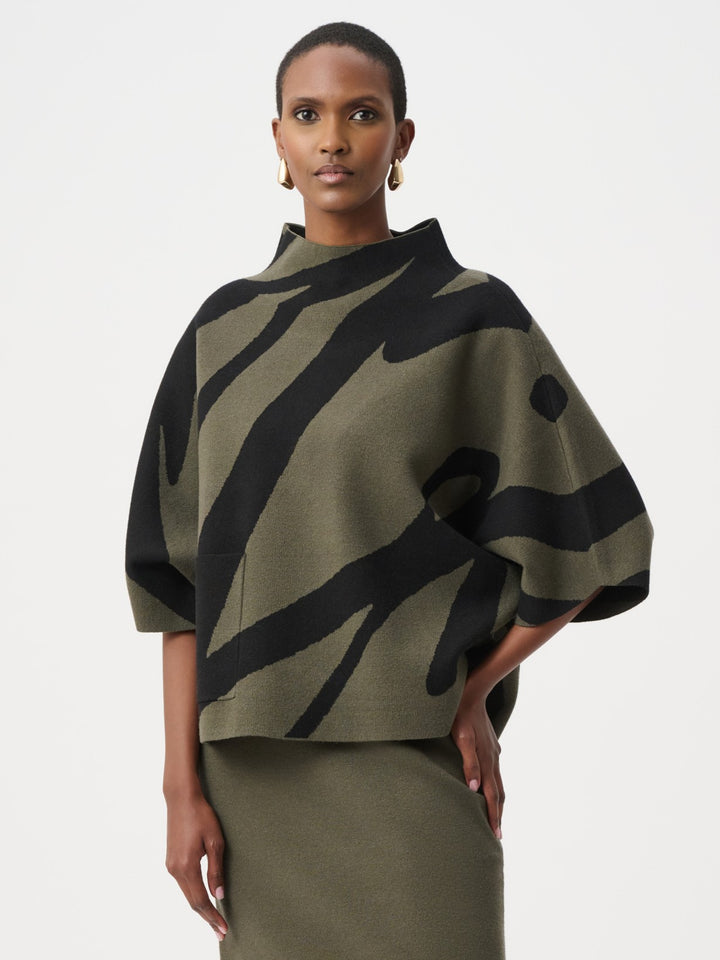 Abstract Jacquard Funnel-Neck Boxy Sweater