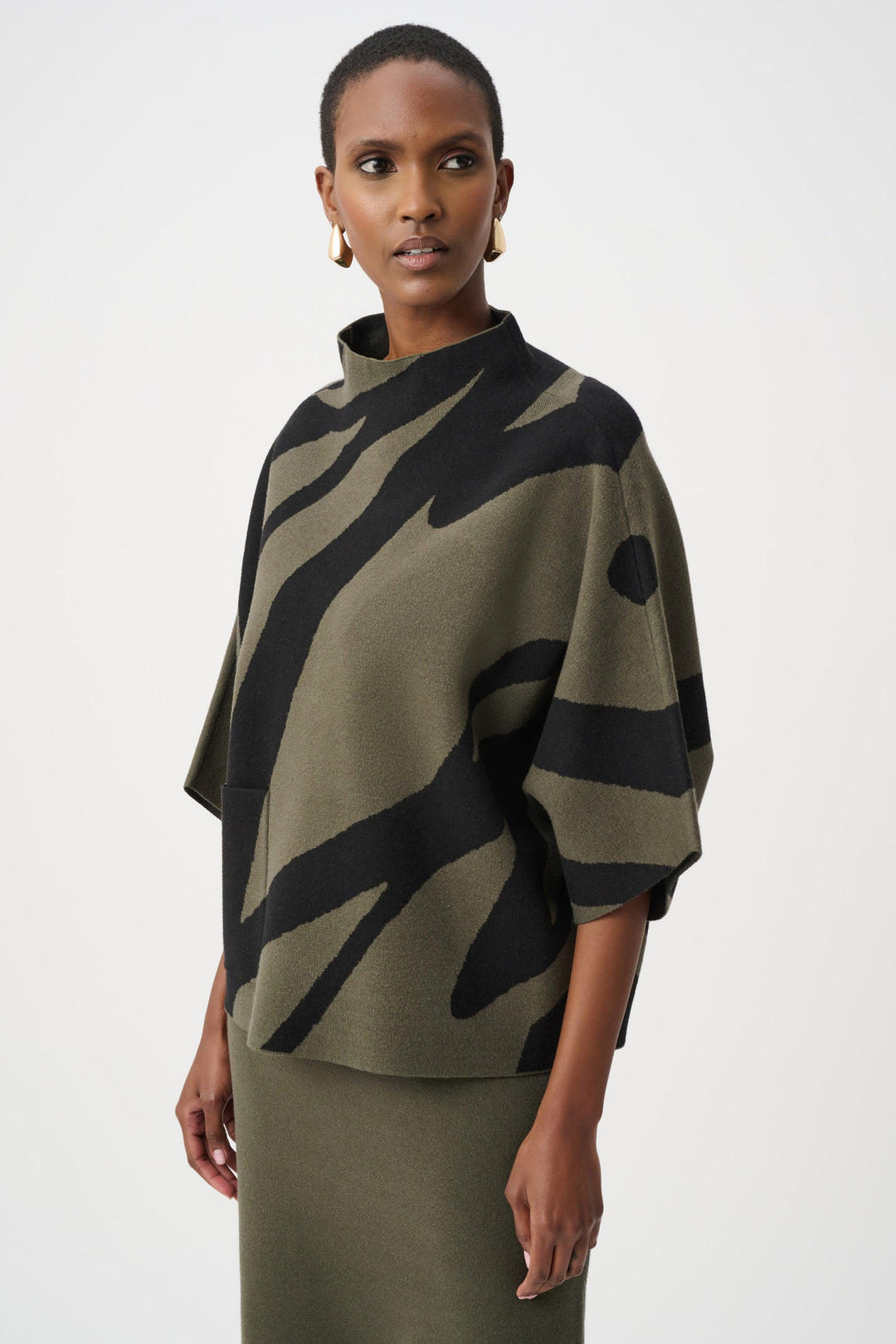 Abstract Jacquard Funnel-Neck Boxy Sweater