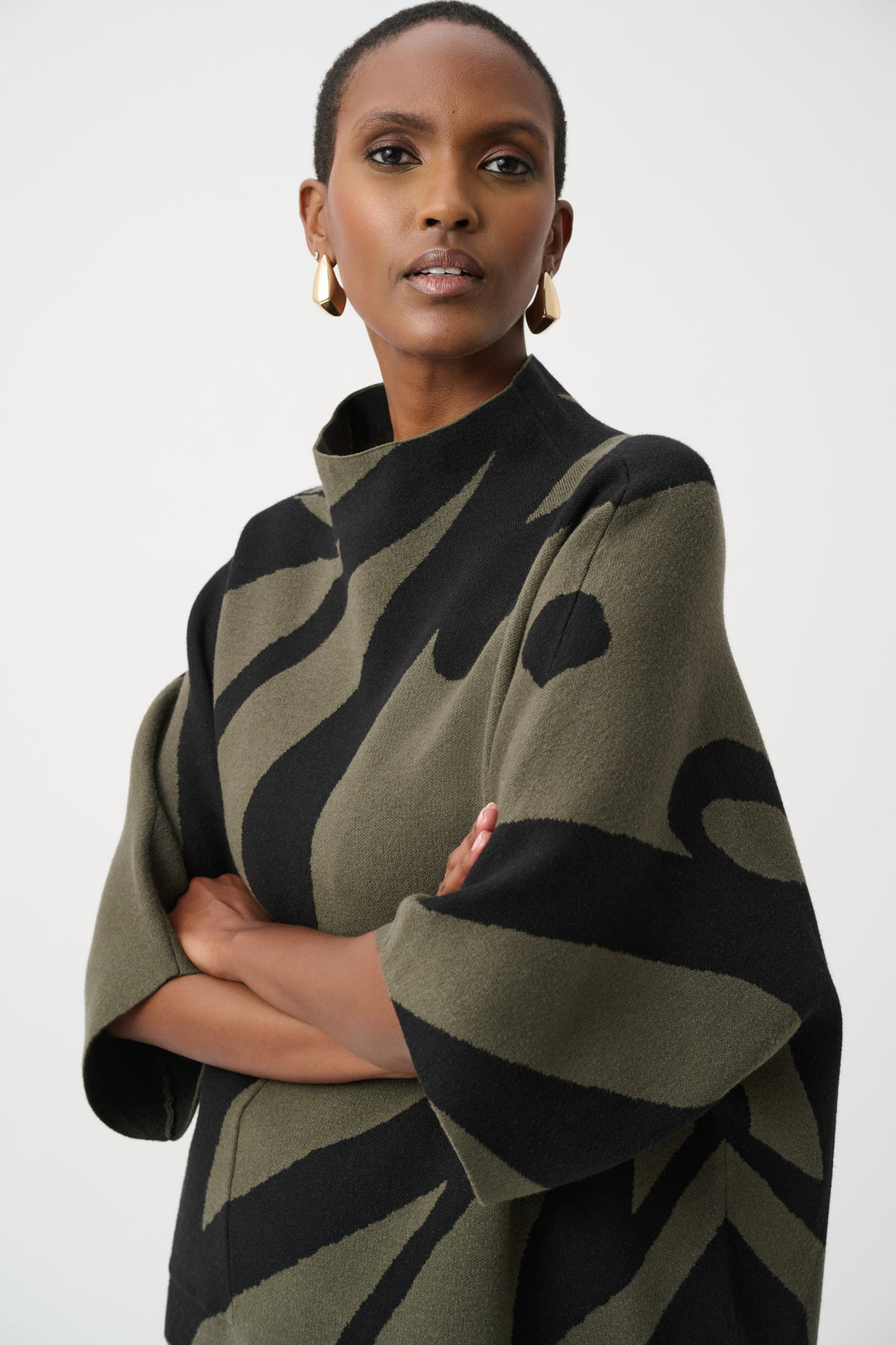 Abstract Jacquard Funnel-Neck Boxy Sweater