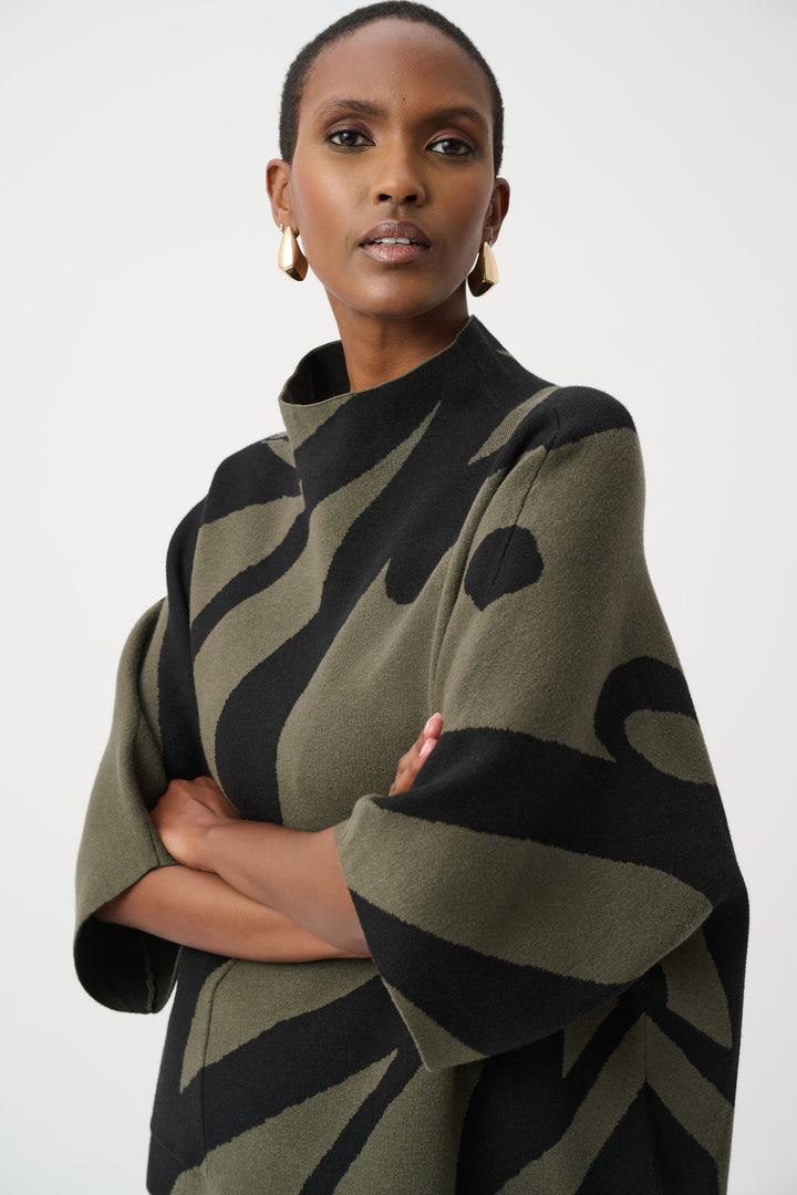 Abstract Jacquard Funnel-Neck Boxy Sweater
