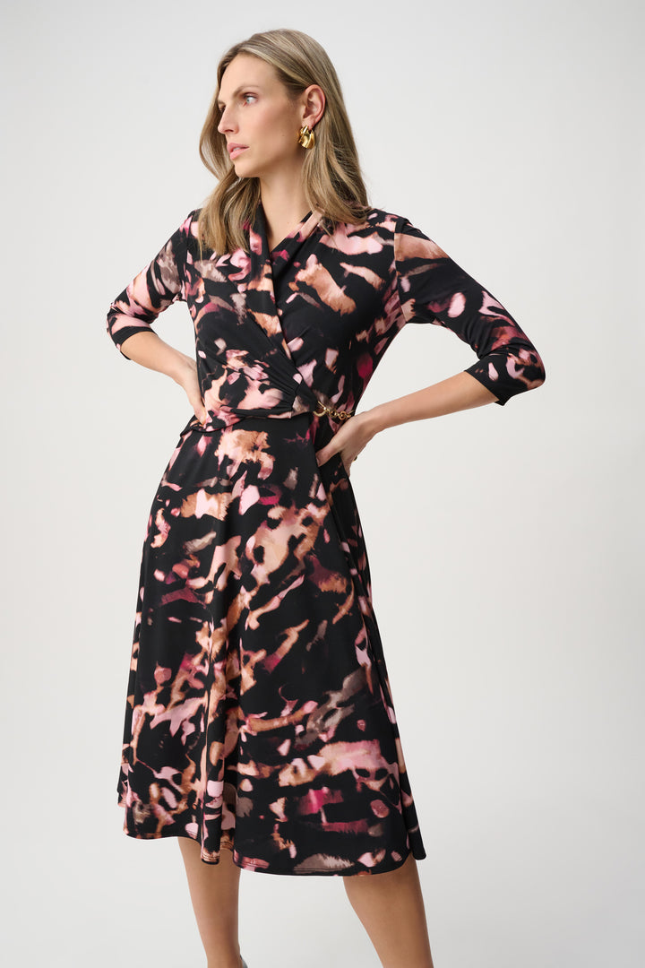 Abstract Print Faux Wrap Dress with Chain Detail
