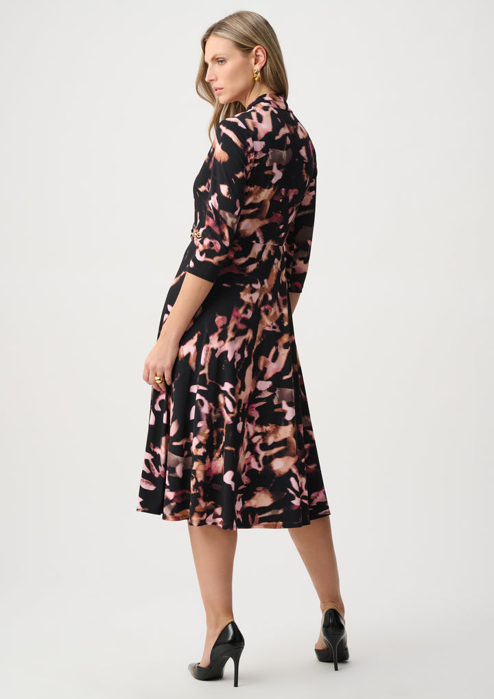 Abstract Print Faux Wrap Dress with Chain Detail