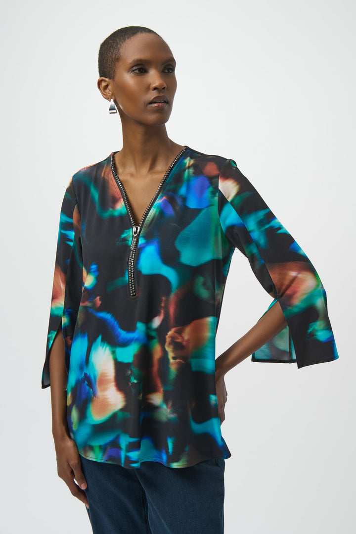 Abstract Print Jeweled Zip Top