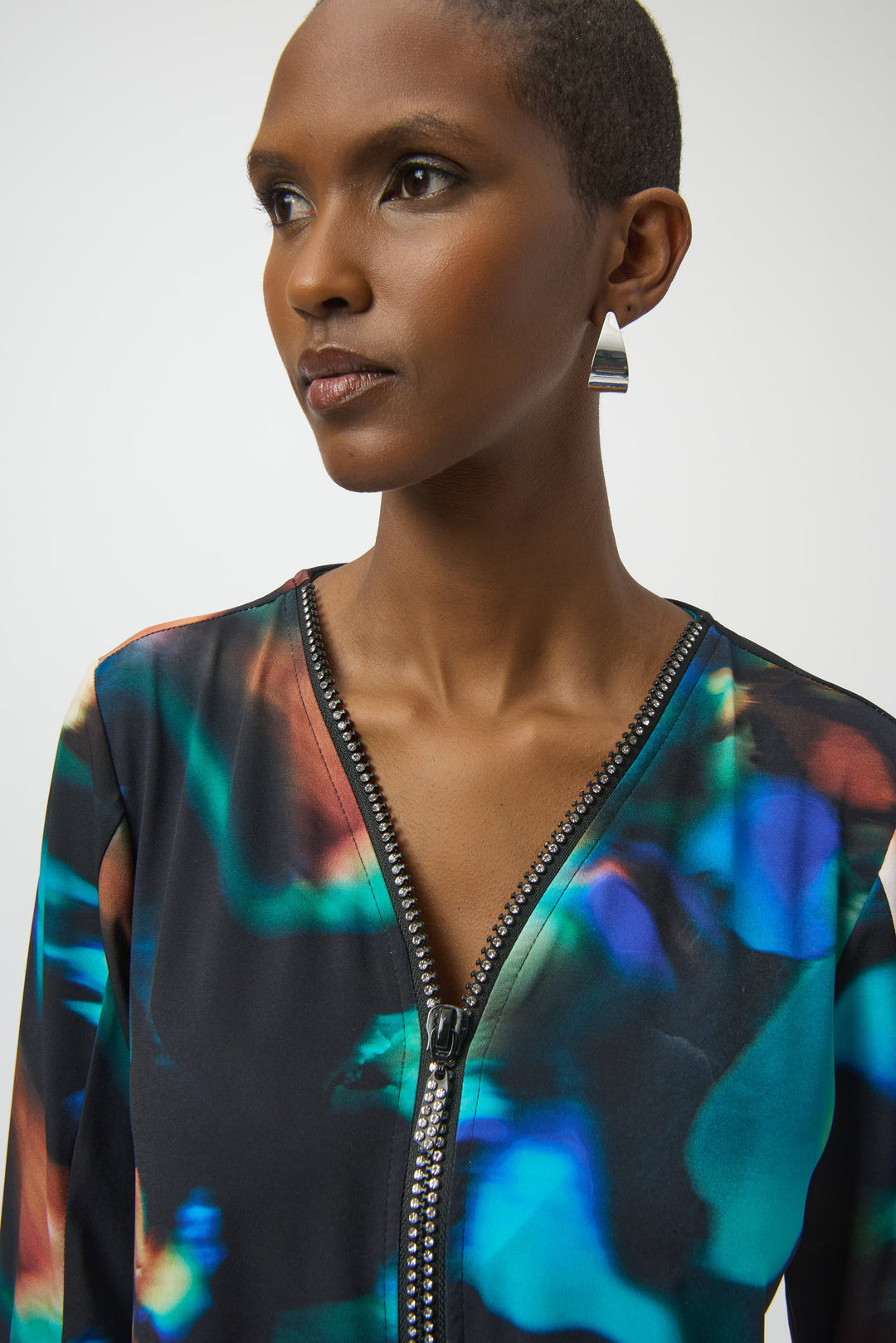 Abstract Print Jeweled Zip Top