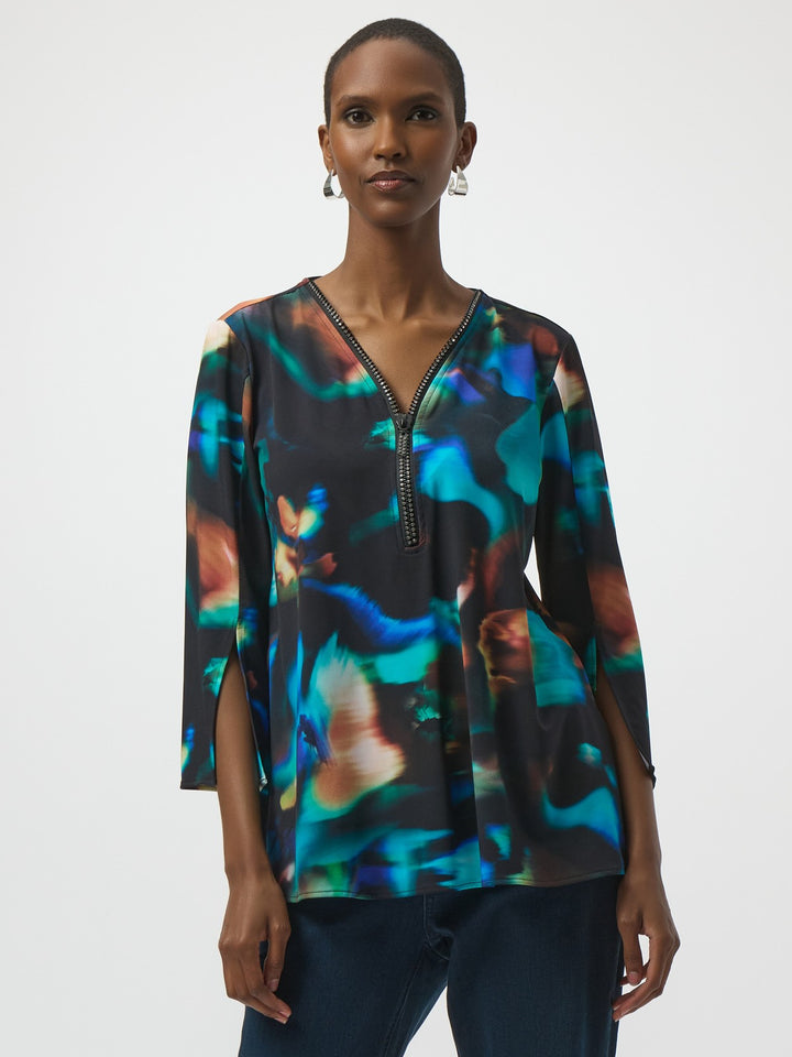 Abstract Print Jeweled Zip Top
