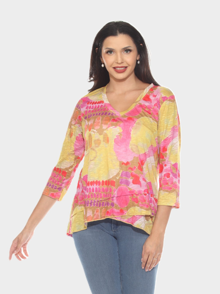 Abstract Print V-Neck Asymmetrical Hem Top