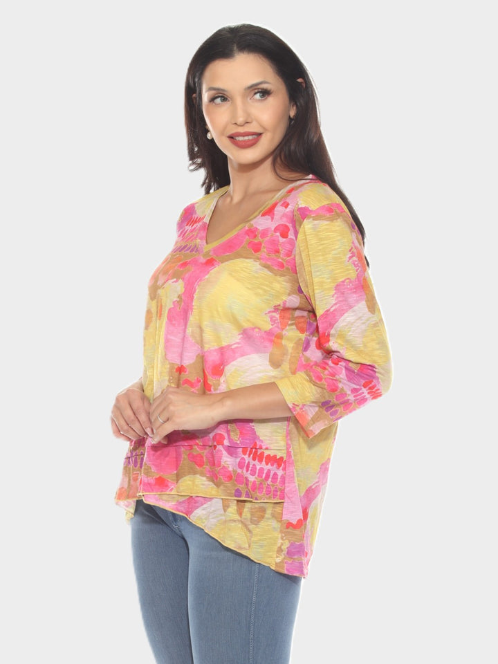 Abstract Print V-Neck Asymmetrical Hem Top